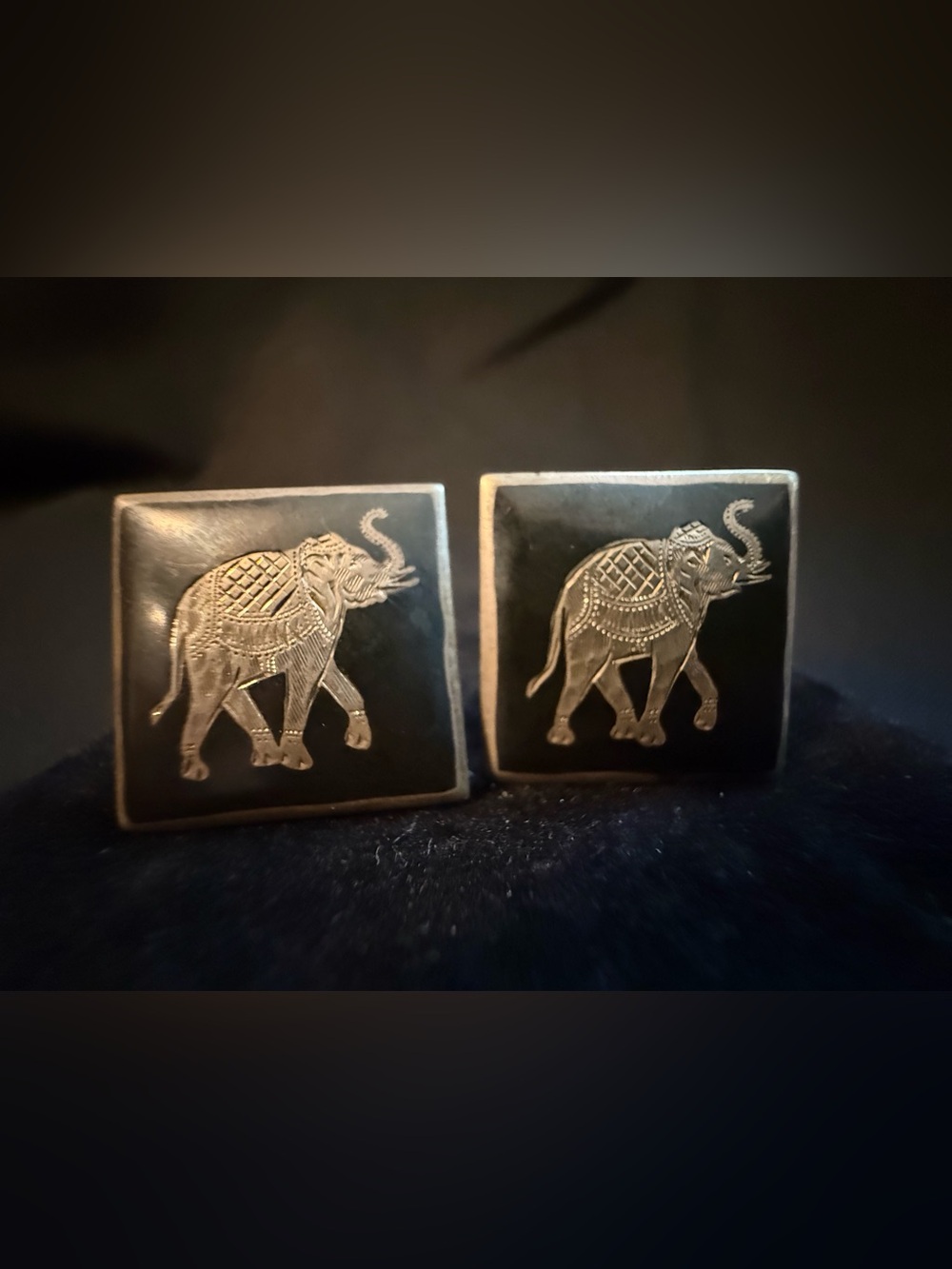 Siam Sterling Silver Cuff Links Elephant Square Cufflinks on Black Enamel